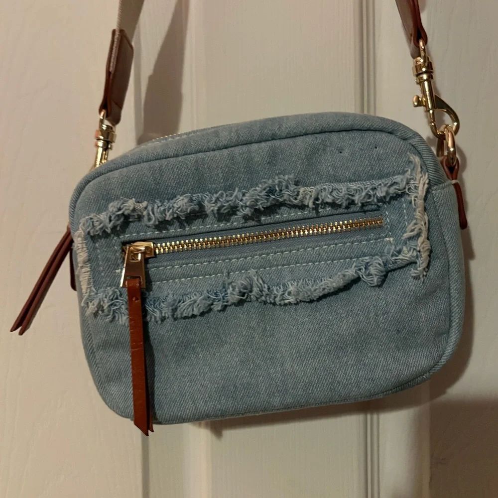 Denim Camera Crossbody Bag with Tan Strap - Picture 4 of 10